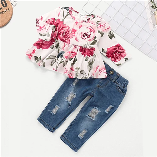 SHEIN/комплект из топа с цветочным принтом и рваных джинсов; повседневная одежда для девочек-подростков; коллекция года; сезон весна; модная детская одежда с длинными рукавами - Цвет: Многоцветный