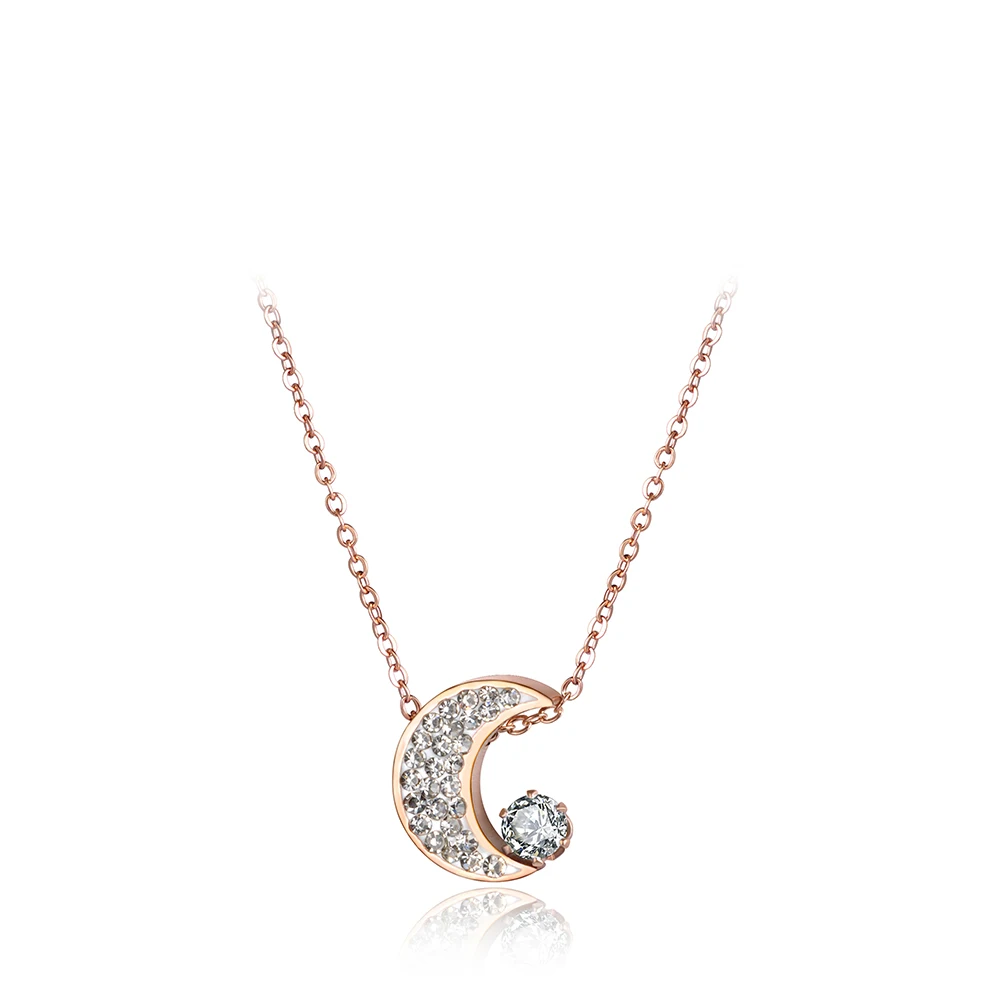 JeeMango Fashion Cubic Zirconia Moon Chokers Necklaces For Women Rhinestone Rose Gold Stainless Steel Pendant Jewelry N18036 | Украшения и