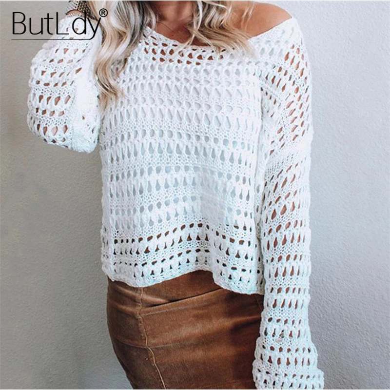 Женская ажурная вязаная футболка летняя Просвечивающая с длинным рукавом