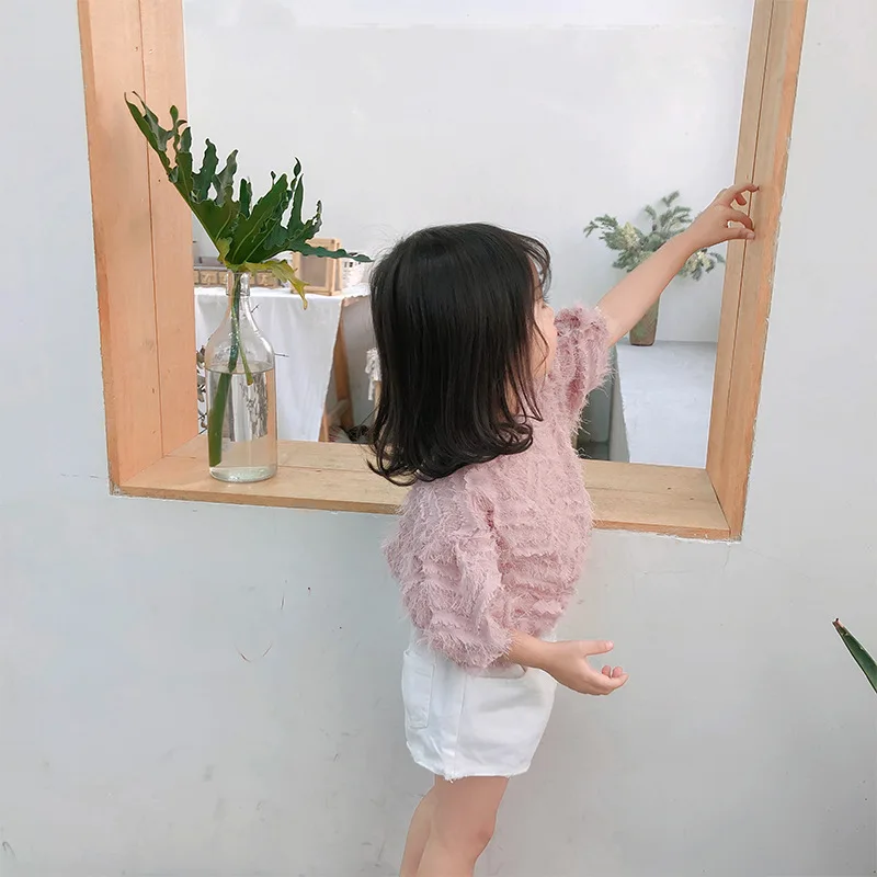 Детская одежда летняя новинка 2019 розовая рубашка в полоску с перьями и короткими