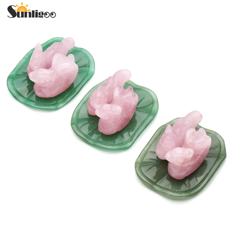 

Sunligoo Rose Quartz Mandarin Duck Figurine Natural Gemstone Carved Lover Birds Statue with Green Aventurine Stands Couple Gift