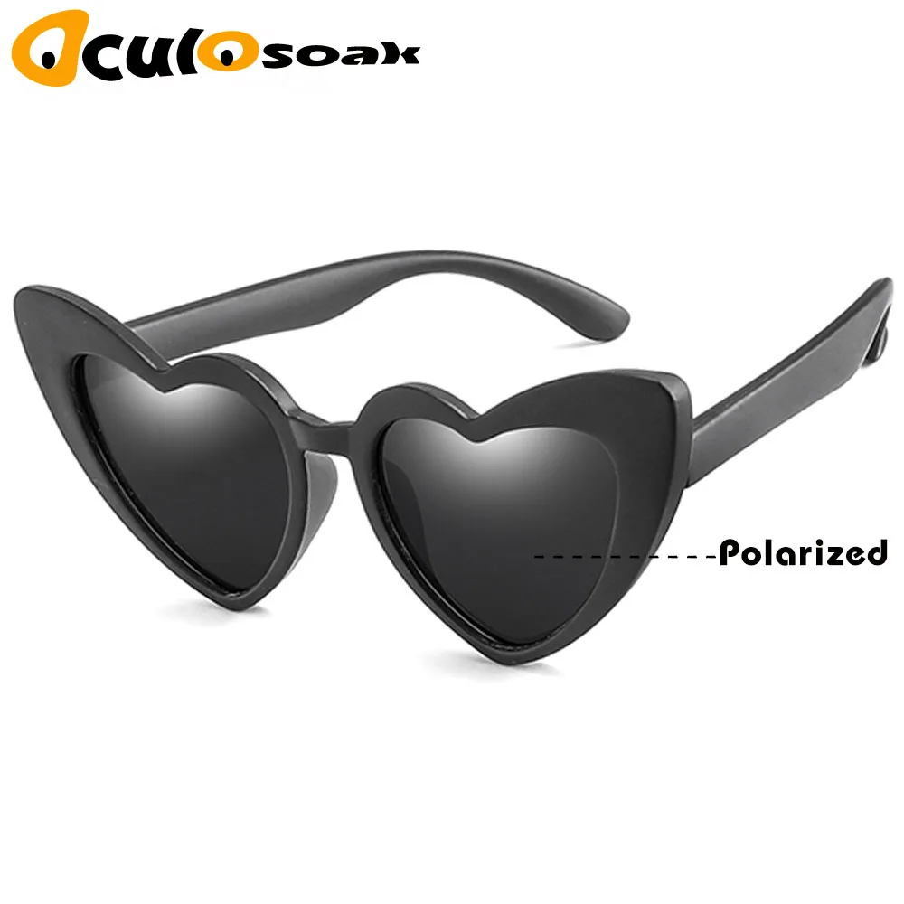 black gray Детские солнечные очки для девочек для детей Сердце TR90 черный розовый красный сердце солнцезащитные очки для детей поляризованные гибкие uv400 - Цвет линз: black gray