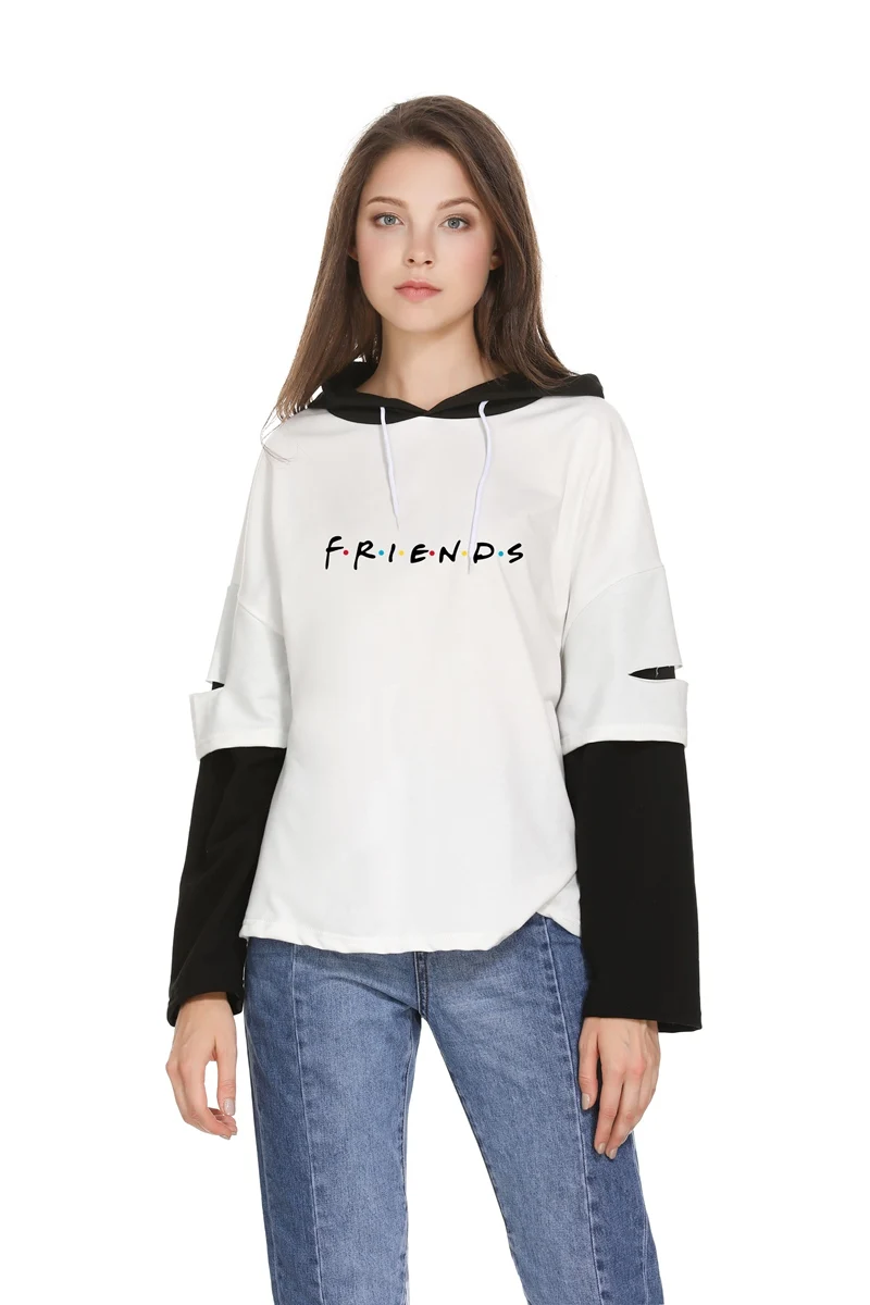 Harajuku Hoodies Women FRIENDS Letter Print Fake Two Patchwork Top Casual Streetwear Korean Female Hooded Sweatshirt y2k Clothes