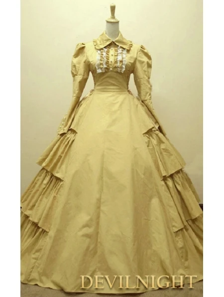 Желтое хлопковое классическое готическое платье с длинными рукавами в