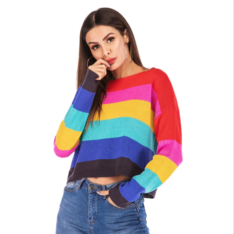 Для женщин свитер 2019 сезон: весна–лето новый в радужную полоску с длинными