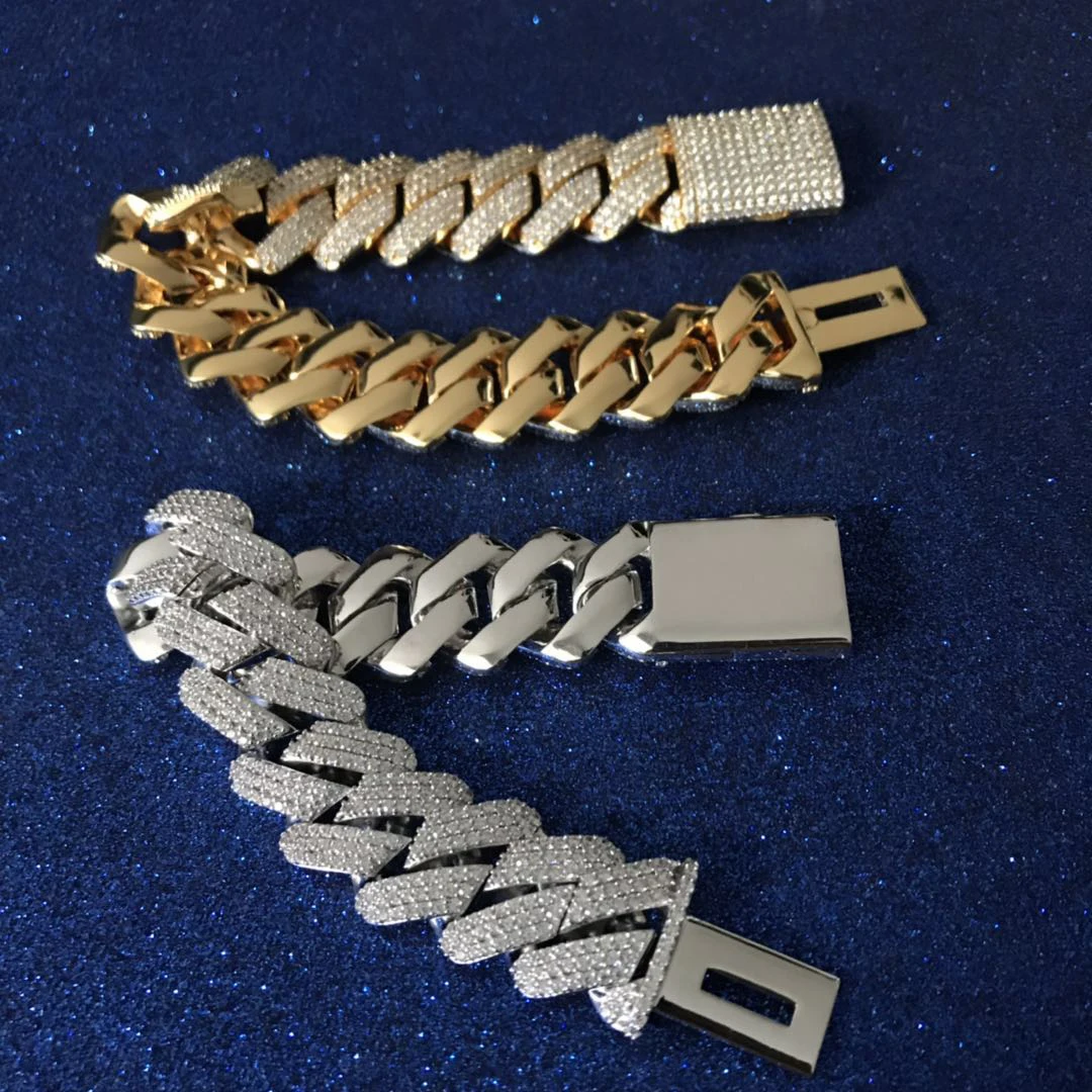 3 rows cz stones prong cuban link bracelet