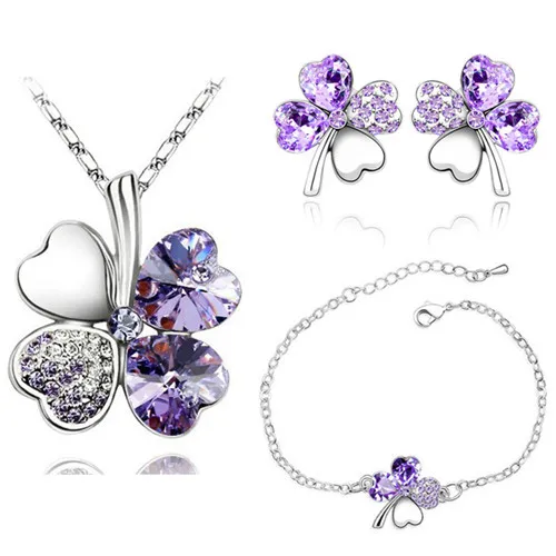 silver violet Кристалл Клевер 4 листа листья кулон в форме сердца, украшения наборы ожерелье серьги браслет для женщин любовник милые романтические подарки - Окраска металла: silver violet