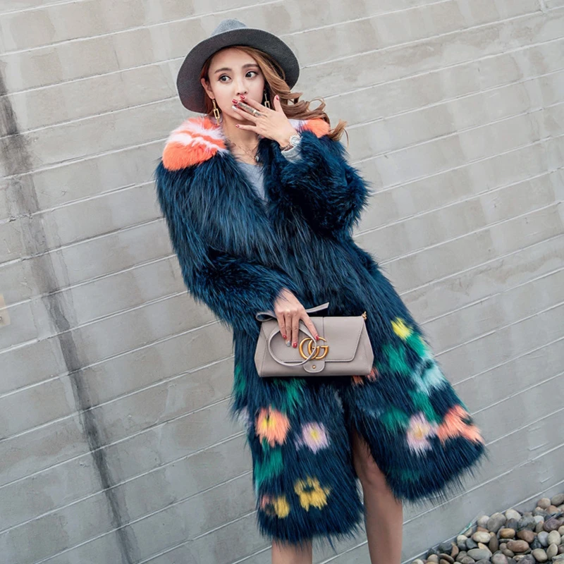 LVCHI New fashion 2019 Stylish Knitted fur coat Natural Fox fur clothes for women 3D floral design Thick warm fur coat fox long