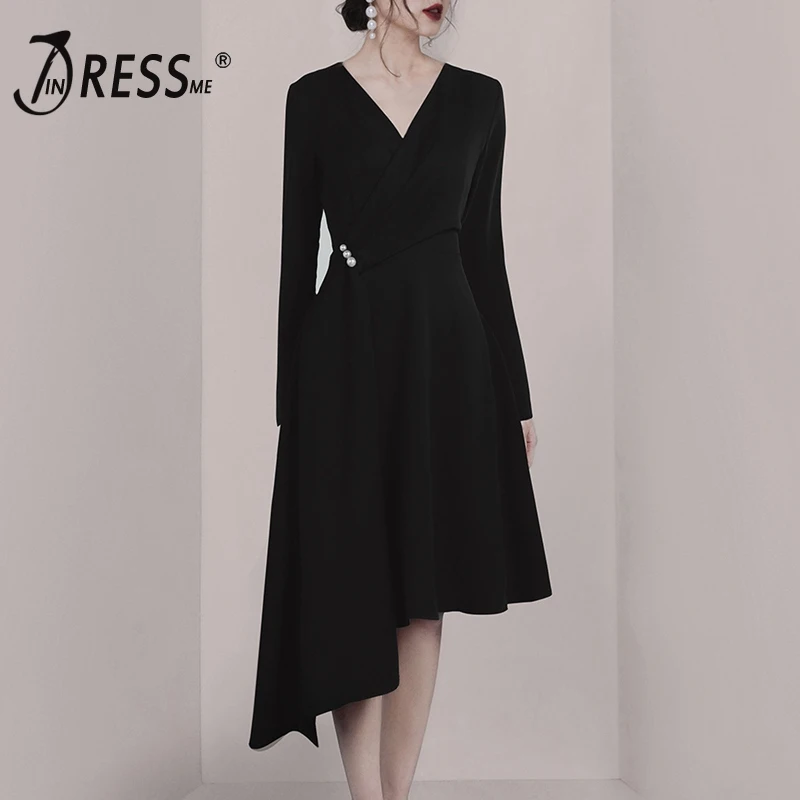 Женское платье миди INDRESSME черное однотонное с длинными рукавами и v-образным