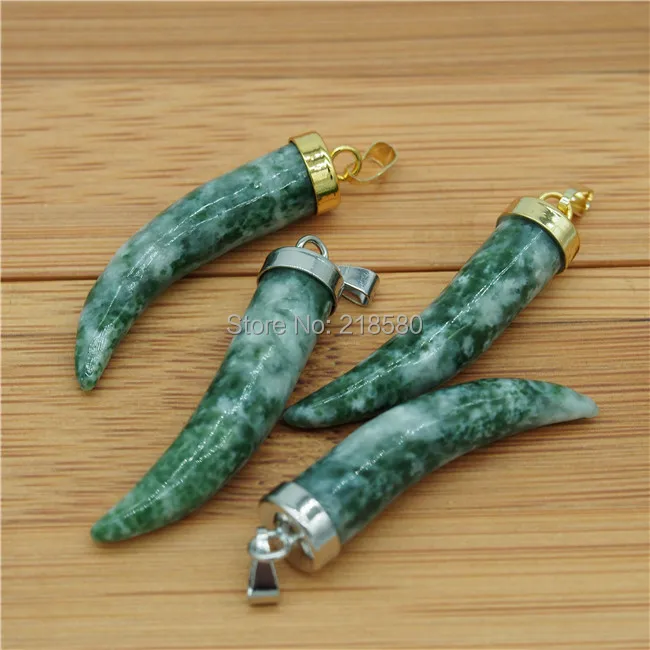 

P15052118 зеленый Jaspers Horn подвеска с клыком с золотой или серебряной крышкой