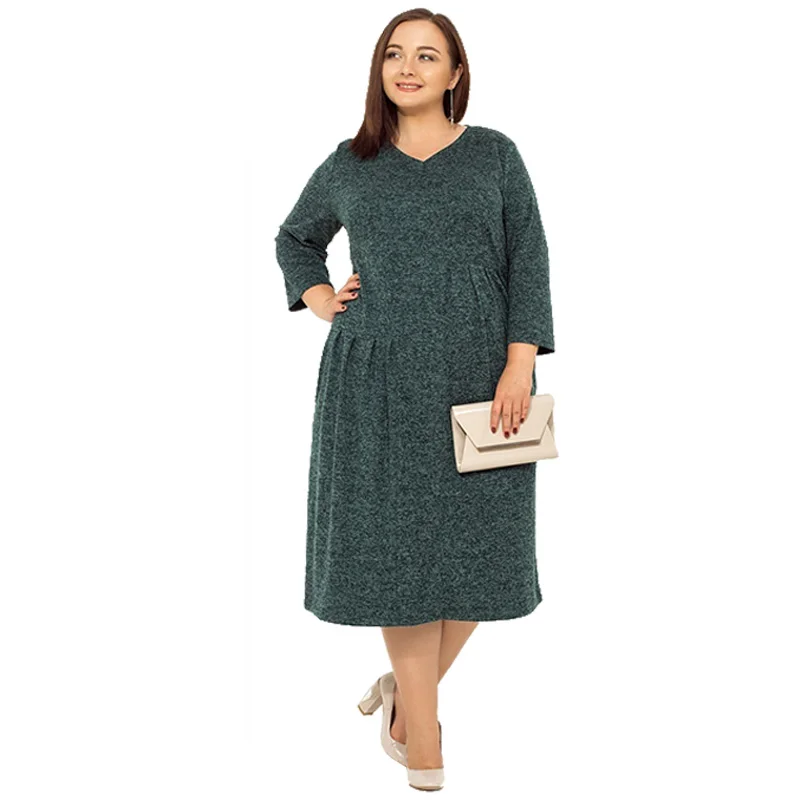 green 5XL 6XL осенне-зимнее платье размера плюс, офисное платье большого размера, одноцветное свободное Повседневное платье с карманами, Vestidos Roupas - Цвет: green