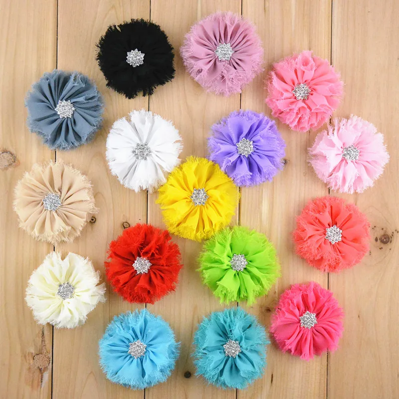 

120pcs/lot 16colors Artificial Frayed Chiffon Flower With Snow Rhinestone Button Fluffy Fabric Flowers For Baby Headbands