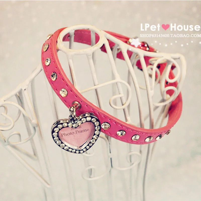 Bling rhinestone leather dog pet cat collar with ID name tag Small chihuahua luxury Princess necklace pendant jewelry | Дом и сад