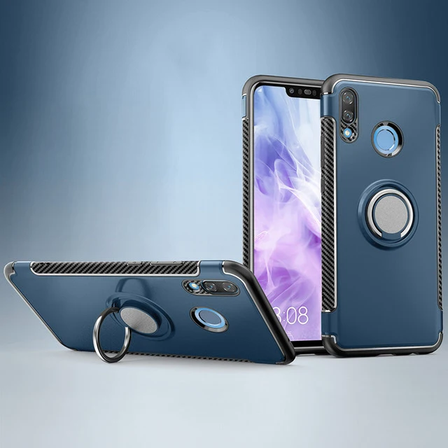 Navy Blue Huawei Y9 Case Cover Armor Full Protection Ring Magnetism Holder Shockproof TPU+PC sfor Huawei Y9 Car Shell Funda Capa - Color: Navy Blue
