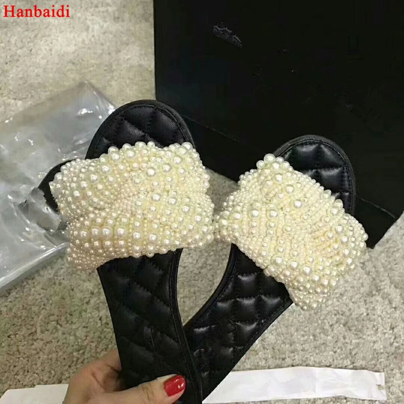 Hanbaidi 2018 Pearl Bead Slipper Woman Peep Toe Handwork Flat Gladiator Sandals Women Fashion Casual Shoes Summer | Обувь