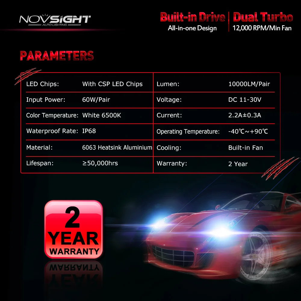 NOVSIGHT H4 светодиодный H7 H11 9005 9006 H15 9007 автомобилей головной светильник s 60 Вт 10000LM 6500K белый туман светильник с двумя типами света Противотуманные огни лампы