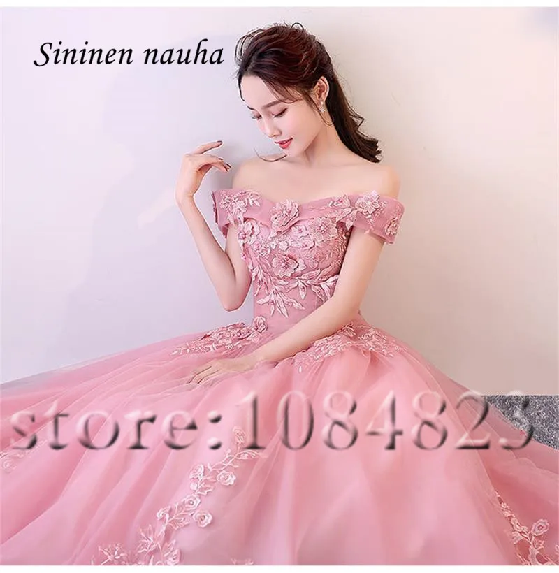 Розовые бальные платья Quinceanera с рукавами и открытыми плечами аппликацией Vestidos De 15