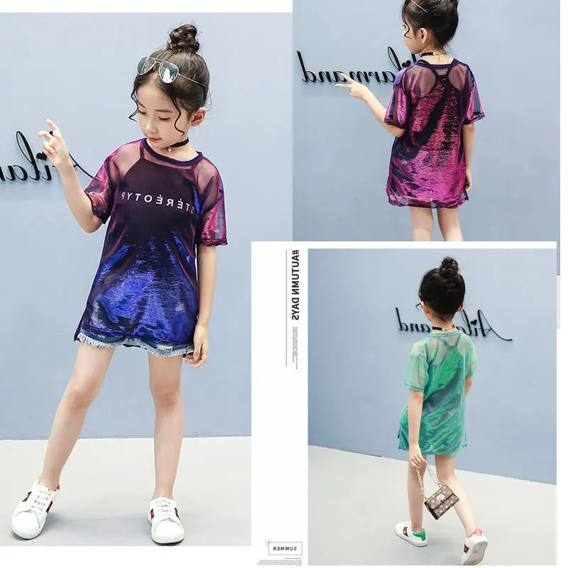 Детская футболка с блестками для девочек-подростков лето 2019 коротким рукавом