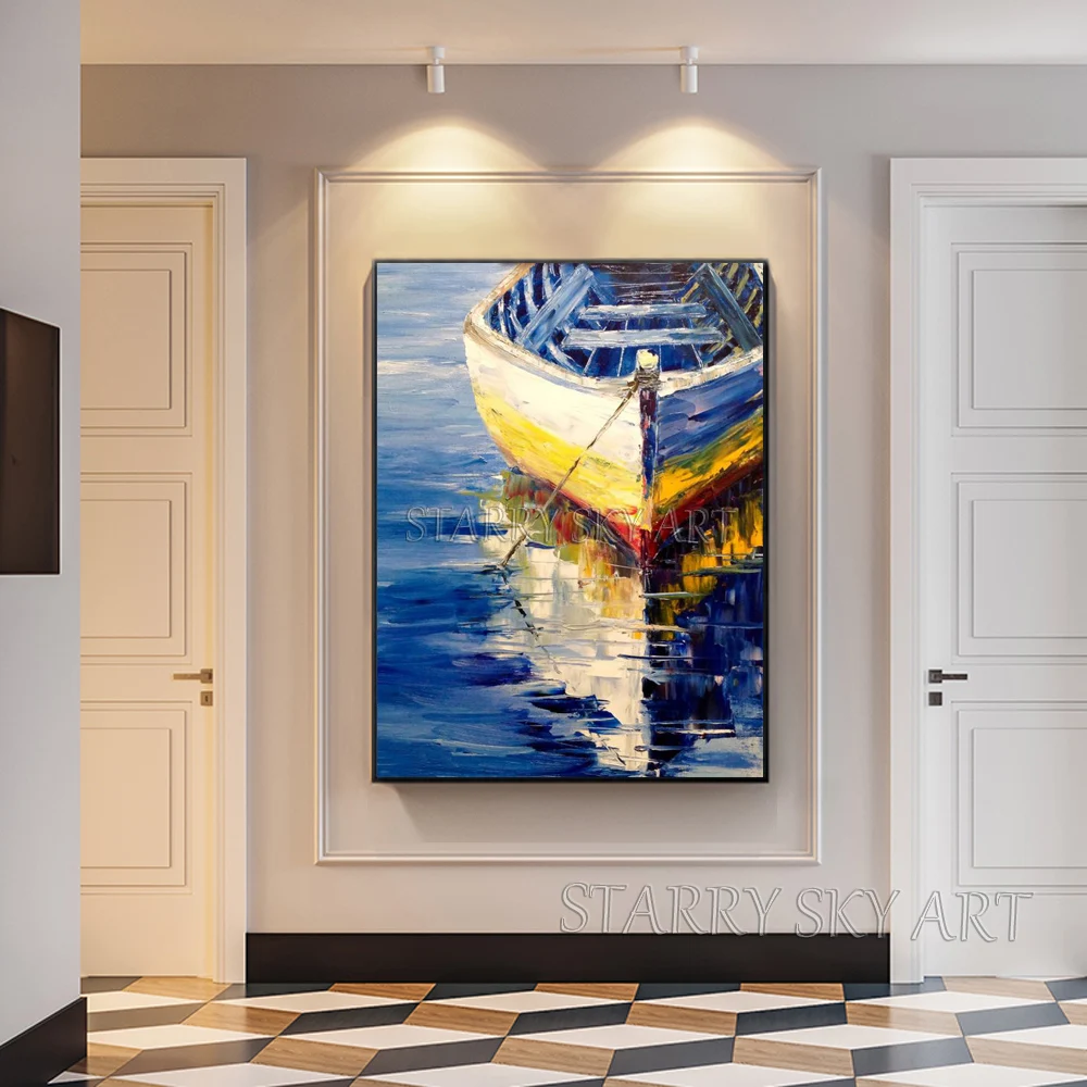 

Artist Hand-painted Knife Painting Boat Oil Painting on Canvas Pop Fine Art Knife Textured Big Boat Oil Painting for Living Room