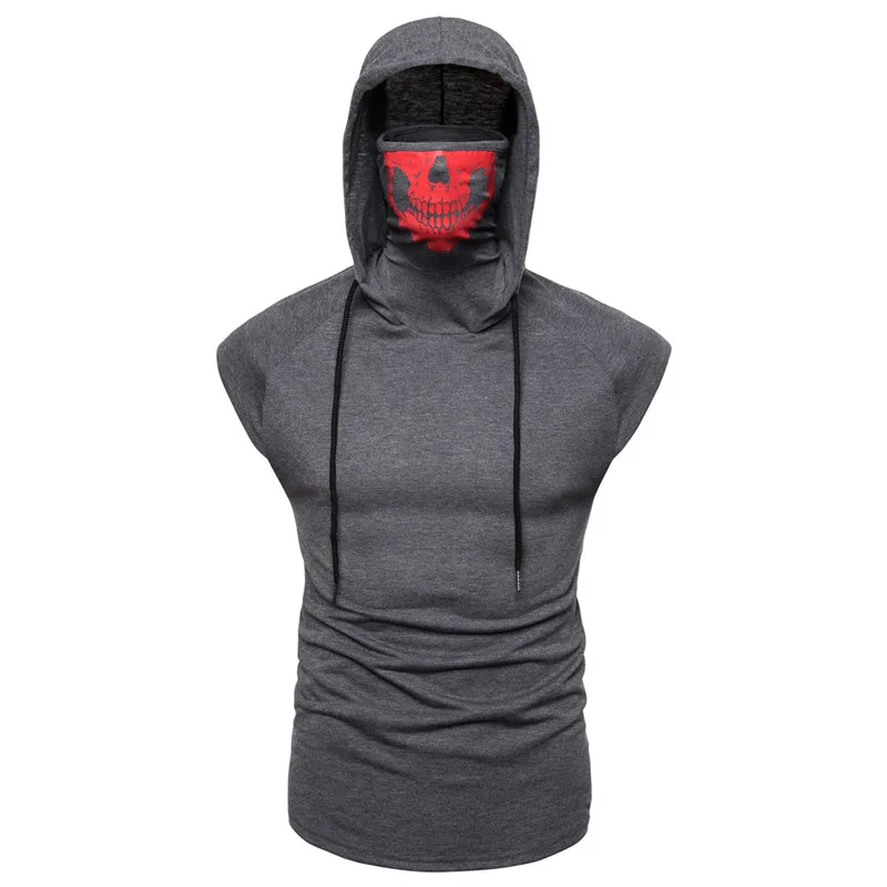 Dark Grey Мужская одежда, маска, Череп, худи, Мужская толстовка, капюшон, уличная одежда, чистый цвет, мотоциклетный пуловер, без рукавов, с капюшоном, мужские топы - Цвет: Dark Grey