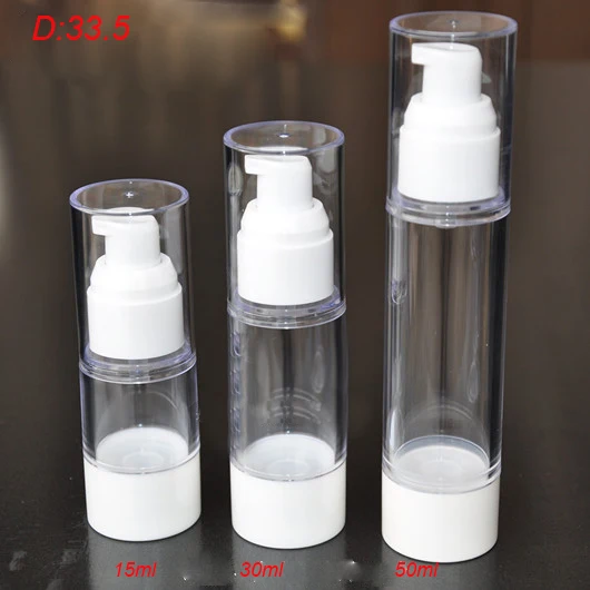 100pcs 50ml clean airless pump bottle with white pump clean lid lotion bottle , plastic 50ML essence Refillable bottle