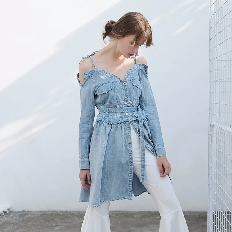 CHICEVER Сексуальная джинсовая с открытыми плечами платье женское длинным рукавом V