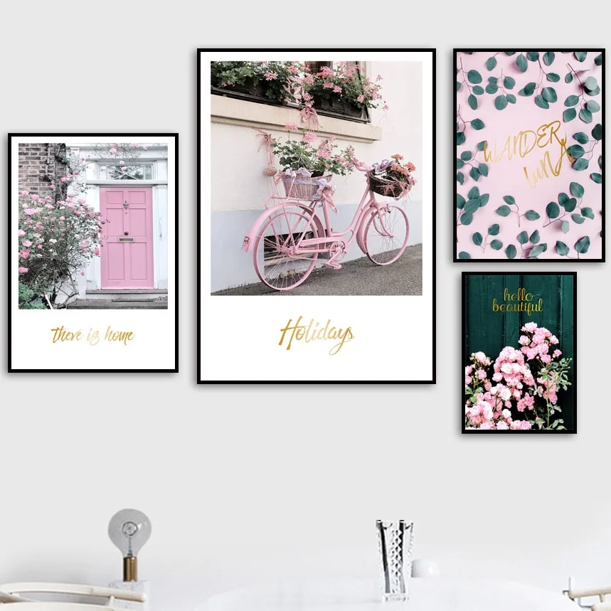 

Pink Flower Leafs Bicycle Door Landscape Wall Art Canvas Painting Nordic Posters And Prints Wall Pictures For Living Room Decor