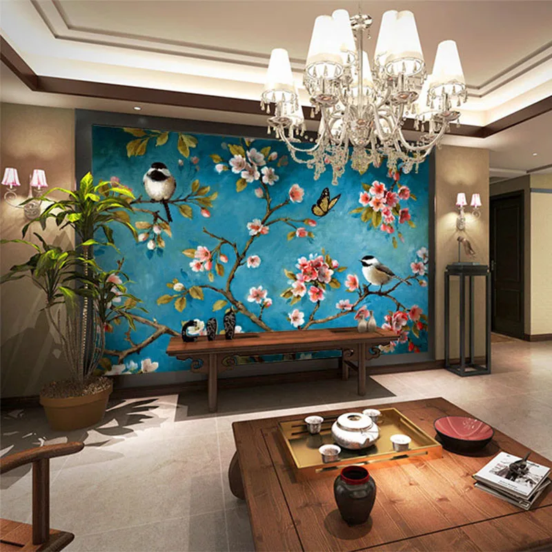 Custom Wall Cloth European Style Flowers Birds Oil Painting Wallpaper Living Room Bedroom Background Covering 3D Home Decor |
