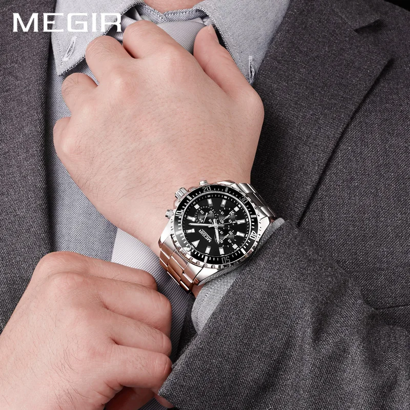 Часы Megir мужские спортивные с хронографом серебристые из нержавеющей