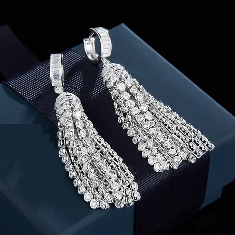 YP160 Роскошные Серебро 925 CZ Циркон Кисточкой Мотаться Серьги AP Вечернее Платье Мяч Ювелирные Изделия для Женщин Леди Свадебные Украшения