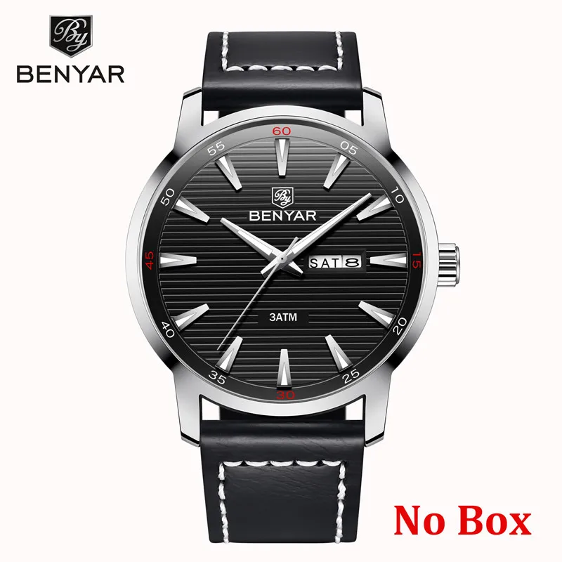 Black No Box BENYAR, модные мужские часы, Лидирующий бренд, Роскошные Кварцевые часы для мужчин, спортивные, водонепроницаемые, военные наручные часы для мужчин, s reloj hombre, кожа - Цвет: Black No Box