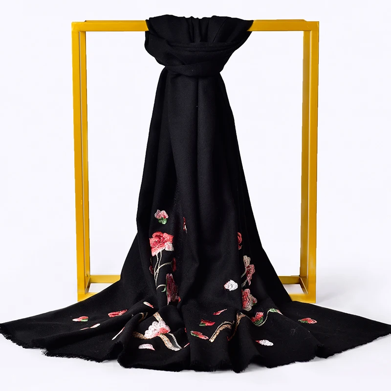 Châles en laine brodés de fleurs et enveloppes, écharpe 100% laine pour femmes, hiver automne luxe Bufandas chaud Pashmina rouge