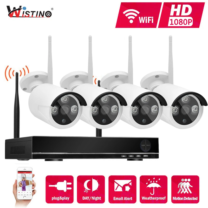 

Система видеонаблюдения Wistino HD, 1080P, 4 канала, сетевой видеорегистратор, беспроводной, ИК, ночное видение, 4 шт., Wi-Fi, IP-камеры, Plug and Play