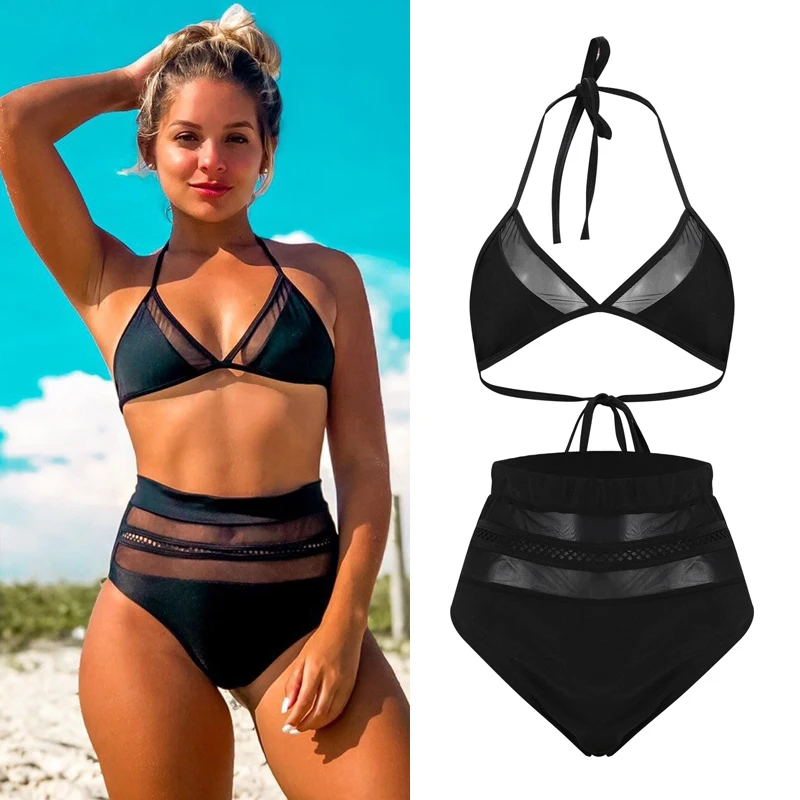 Женский бандо бандаж бикини набор высокая талия сетка патч Холтер купальник