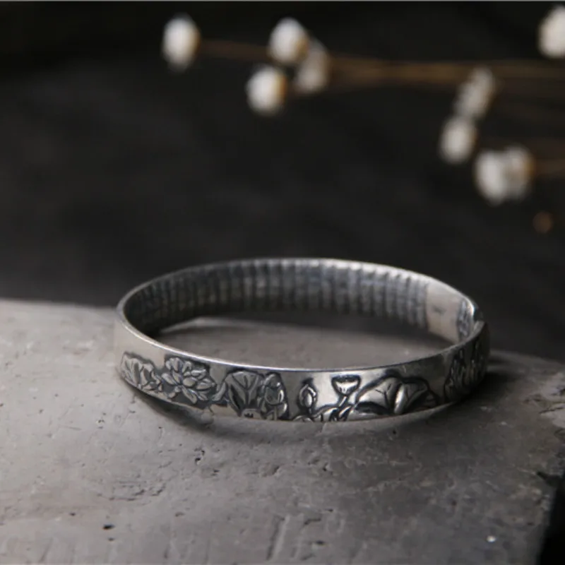 

Vintage 999 Silver Cuff Mantra Bracelet Men Heart Sutra Bangle Lotus Flower Bangle Silver Buddhism Ethnic Jewelry