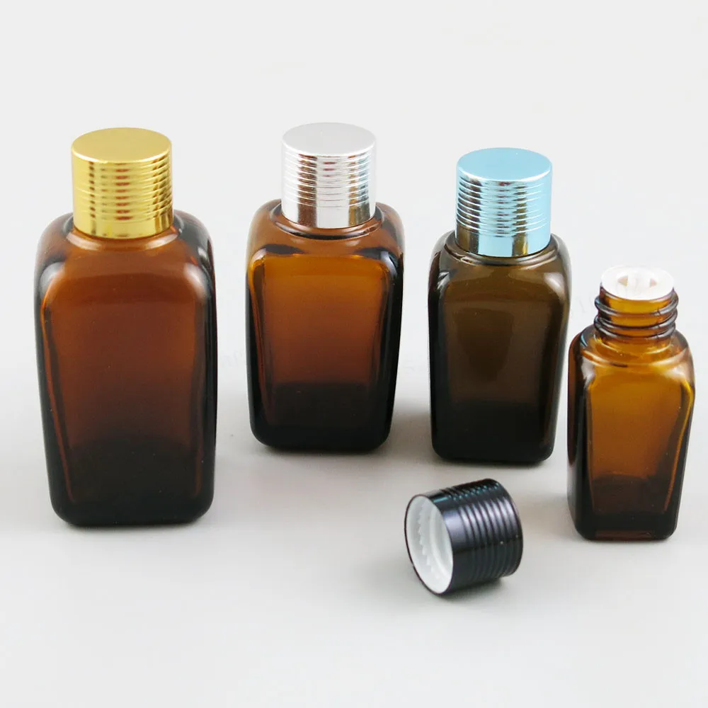 

200 x 10ml 25m 35ml 50ml 100ml amber square Glass travel refillable bottle with black Silver Gold Cap