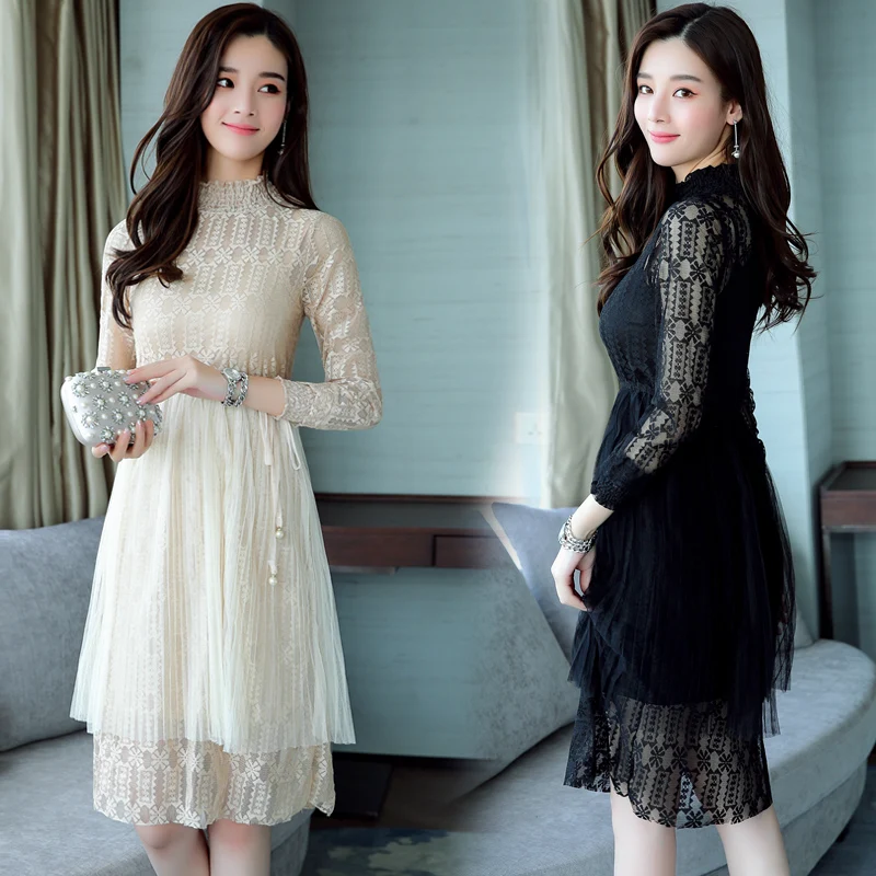 Осенне-зимние новые винтажные кружевные черные сексуальные миди платья 2019