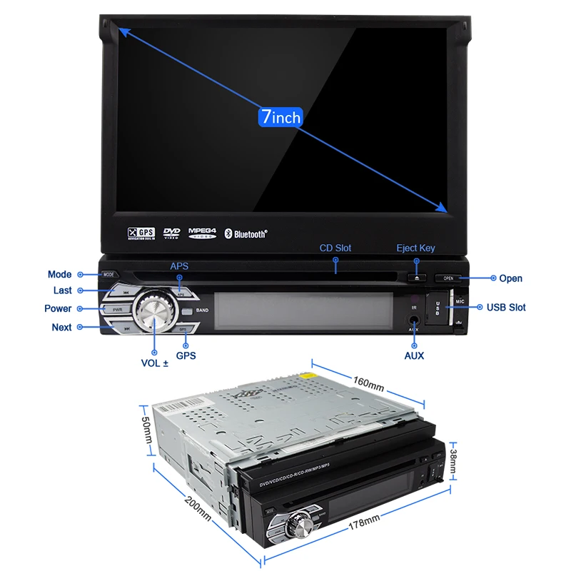 Универсальный автомобильный DVD-плеер Eunavi 7 &quot 1 Din GPS-навигация Съемная передняя