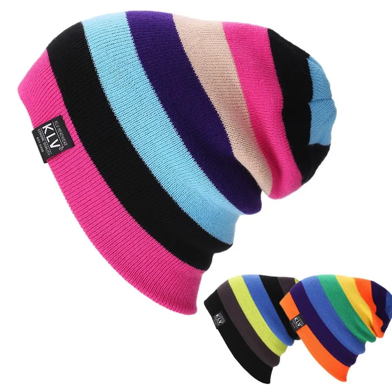 2016 Унисекс Женские Мужчины Mix-Цвет Полосатый Вязание Шапки Зимние Теплые Шапочки