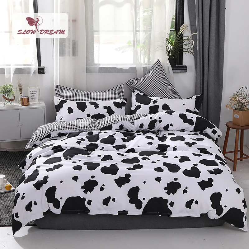 

SlowDream Cow Printing Bedding Set Geometry Flat Sheet Duvet Cover Set Double Queen King Size Bedding Set Bedspread Linens Decor
