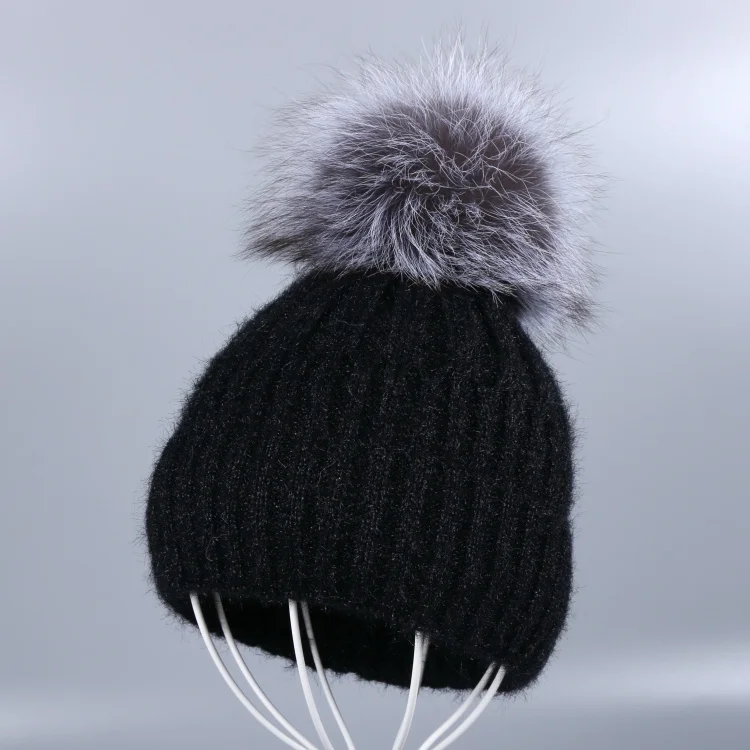 Fox Pom black hat Высокое качество, шерстяные зимние шапочки, шапка для женщин, девушек, настоящая лиса, норка, помпоны, мяч, вязанные, мягкие, кашемировые, теплые, skullies gorro - Цвет: Fox Pom black hat