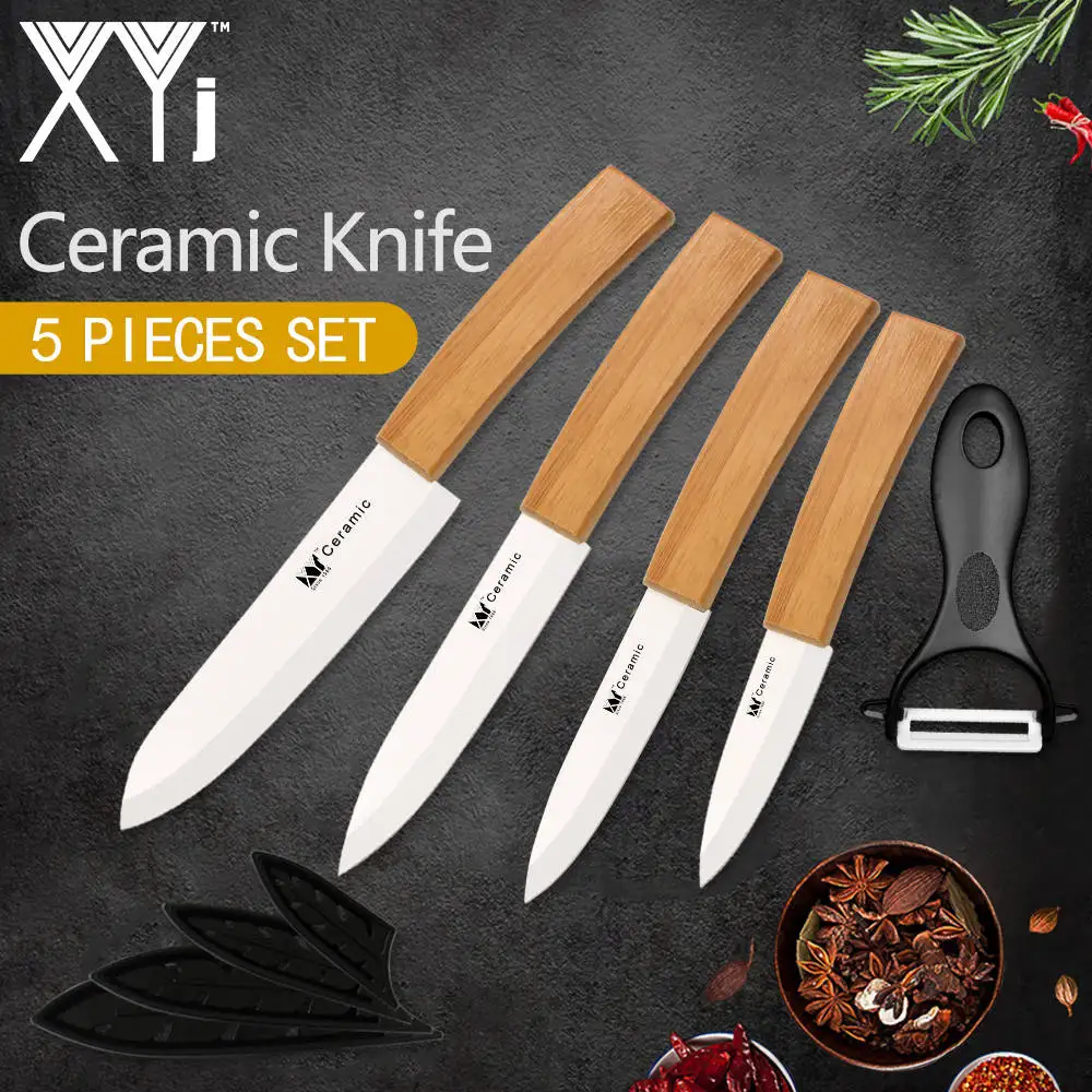 Handle Style 1 XYj, кухонный нож с бамбуковой ручкой, аксессуары для приготовления пищи, черное лезвие, керамический нож, набор кухонных инструментов " 4" " 6"+ Овощечистка - Цвет: Handle Style 1
