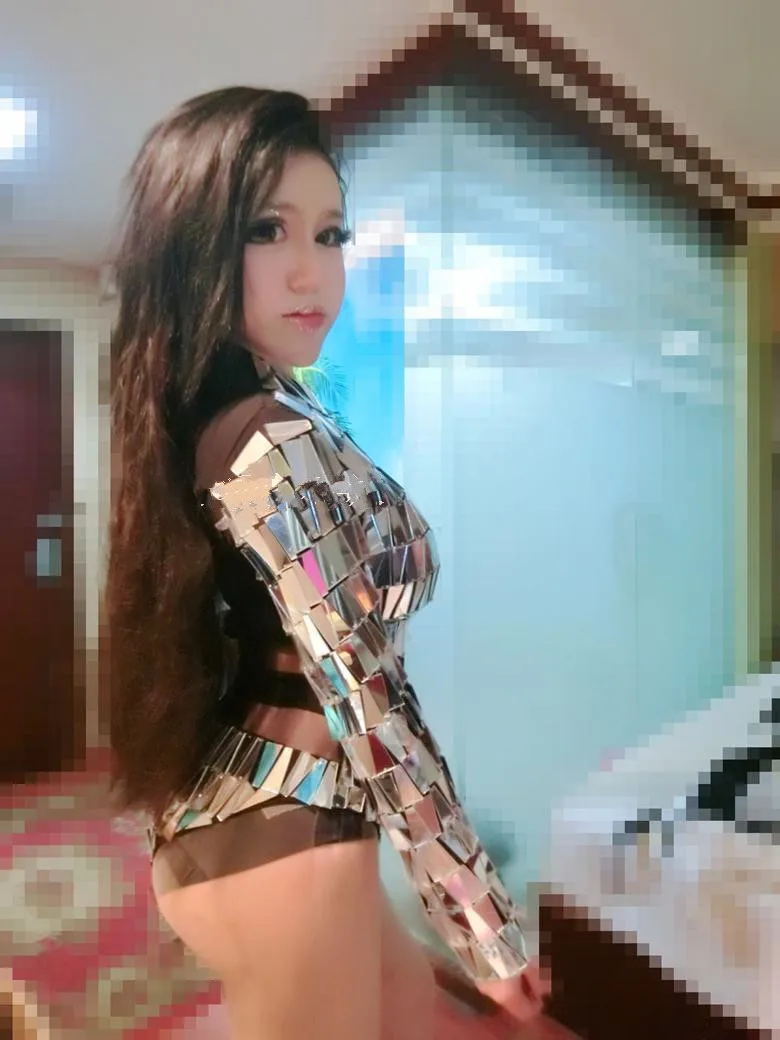 Women Silvery Reflective mirror Bodysuit Double-sided Hand Sewing Sequins Long Sleeve Bodysuits Singer DJ Catwalk Stage Costumes