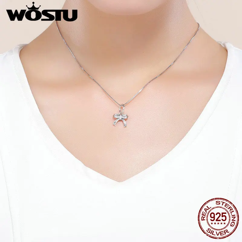 WOSTU подлинный 925 пробы Серебряный бант Кристалл CZ кулон подходит браслет ожерелье Женская мода ювелирные изделия CQC775