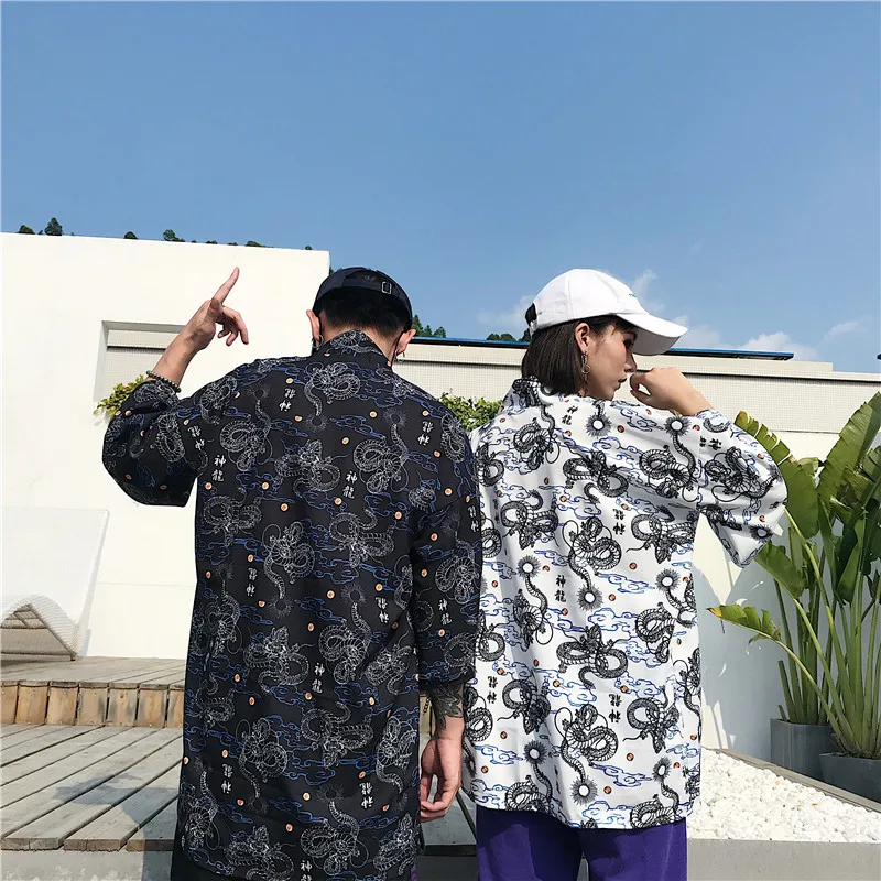 Harajuku дизайн японское кимоно кардиган 2019 Лето Дракон печати свободные три
