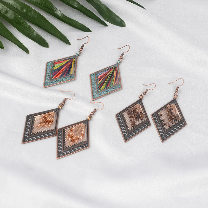 

Bohemia Vintage Rhombus Drop Earrings For Women Brown Mix color Fringed Antique Tibet Geometry Hanging Dangle Earrings