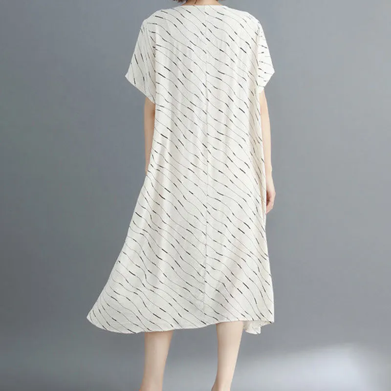 Twojstyle 2018 Summer Women Cotton Striped Dress Fashion High Waist Round Collar Short Sleeve Knee-Length Have Sashes | Женская одежда