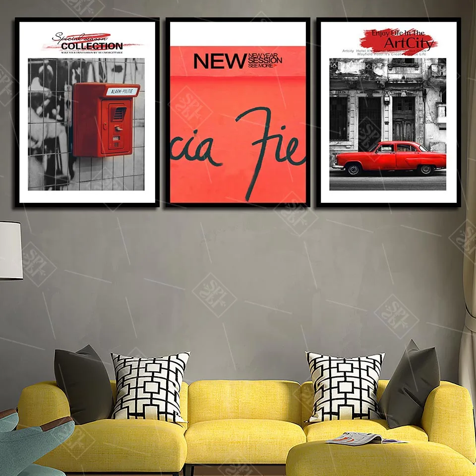 Лондонский город ретро красный автомобиль и здание живопись скандинавский холст