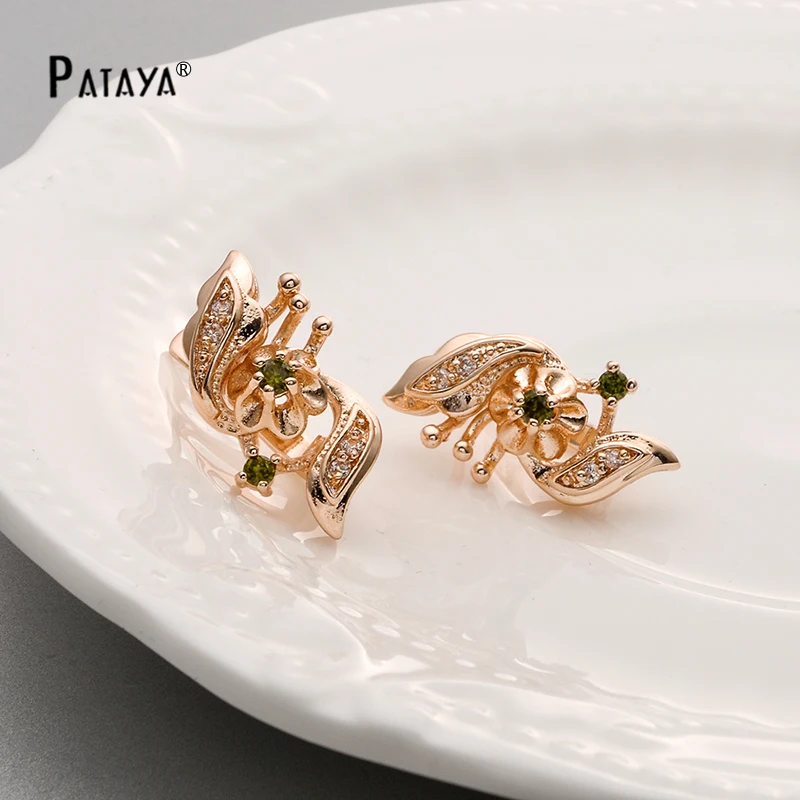 PATAYA Classic 585 розовое золото CZ Висячие Серьги Цветочный дизайн круглый оливковый зеленый натуральный Цирконий женские украшения Винтажные серьги