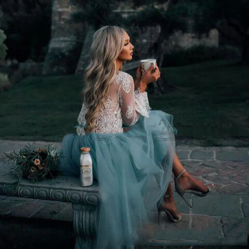 Кружевное платье цвета слоновой кости и мяты для выпускного бала с длинным